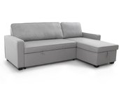 Sofá cama maxi con chaiselongue de tela en color gris y arcón