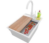 Primagran fregadero granito todo blanco 38x53cm, fregadero cocina 1 seno + sifón + accesorios, fregadero sobre encimera al mueble 40cm - oslo pocket