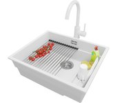Primagran fregadero bajo encimera blanco 56x47cm, fregadero granito 1 seno + sifón + accesorios, fregadero cocina al mueble 60cm - prague