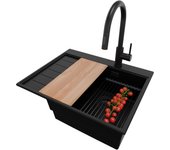 Primagran fregadero granito todo negro 62x50cm, fregadero cocina 1 seno + sifón + accesorios, fregadero sobre encimera al mueble 45cm - sydney