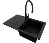Primagran fregadero granito todo negro 70x44cm, fregadero cocina 1 seno + sifón + accesorios, fregadero sobre encimera al mueble 45cm
