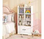 Librería con puertas, estante vertical de madera con 5 compartimentos abiertos y 2 armarios, juego antivuelco, expositor independiente, 60x29,5x120cm