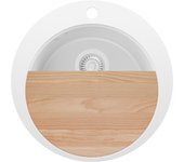 Primagran fregadero cocina circular todo blanco 50x50cm, fregadero granito 1 seno + sifón + accesorios, fregadero sobre encimera al mueble 45cm