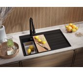 Primagran fregadero cocina negro metallic 78x50cm, fregadero granito 1 seno + sifón + accesorios, fregadero sobre encimera al mueble 45cm - sydney