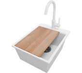Primagran fregadero granito blanco 38x50cm, fregadero cocina 1 seno + sifón + accesorios, fregadero sobre encimera al mueble 40cm - oslo
