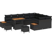 Conjunto de sofá de jardín de 12 piezas con cojines negro poliratán acacia, conjunto de comedor de jardín de 3 piezas con cojines negro poliratán acac