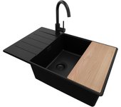 Primagran fregadero granito todo negro 78x50cm, fregadero cocina 1 seno + sifón + accesorios, fregadero sobre encimera al mueble 60cm - copenhague