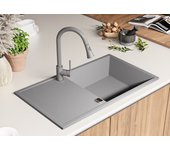 Primagran fregadero cocina gris 90x50cm, fregadero granito 1 seno + sifón, fregadero sobre encimera al mueble 60cm - ibiza