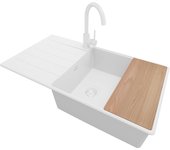 Primagran fregadero granito todo blanco 90x50cm, fregadero cocina 1 seno + sifón + accesorios, fregadero sobre encimera al mueble 60cm - copenhague
