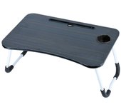 Tradineur - mesa de cama para portátil, bandeja de mdf con patas plegables, portavasos y ranura para tablet, desayuno, sofá (negro, 59,5 x 39 x 28 cm)