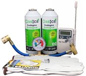 Pack 2 botellas gasica d2 gas refrigerante sustituto r12 y r134a y manguera con manómetro, guantes y termómetro