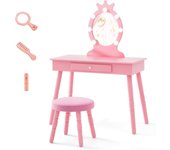 Tocador para niñas con espejo y taburete, luces led de 3 colores, escritorio infantil 2 en 1 con almacenaje, tocador de maquillaje con accesorios de