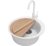 Primagran fregadero granito circular blanco 53x53cm, fregadero cocina 1 seno + sifón + accesorios, fregadero sobre encimera al mueble 50cm - pisa max