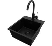 Primagran fregadero granito todo negro 38x44cm, fregadero cocina 1 seno + grifo 32x20cm + sifón, fregadero sobre encimera al mueble 40cm - riga easy