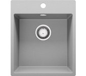 Primagran fregadero cocina gris 43x50cm, fregadero granito 1 seno + sifón, fregadero sobre encimera al mueble 45cm - riga