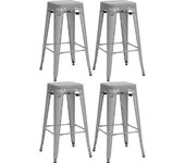 Juego de 4 taburetes de bar con reposapiés apilables de diseño industrial en metal perforado gris plata 10_0004513