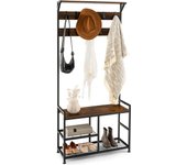 3 en 1 perchero industrial de pie con zapatero, con 3 estantes, 9 ganchos extraíbles y patas ajustables, 84 x 30,5 x 183 cm, marrón