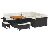 Conjunto de sofá de jardín de 12 piezas con cojines ratán poliéster negro acacia, conjunto de comedor de jardín de 3 piezas con cojines ratán poliéste