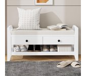 Banco para zapatos moderno con asiento y espacio de almacenamiento, superficie acolchada, estante para zapatos para la entrada – blanco