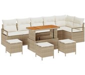 Conjunto de sofá de jardín de 10 piezas con cojines beige ratán poliéster, conjunto de sofá de jardín de 2 personas con cojines beige ratán poliéster,