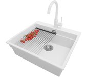 Primagran fregadero granito blanco 58x53cm, fregadero cocina 1 seno + sifón + accesorios, fregadero sobre encimera al mueble 60cm - oslo max