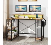 Escritorio para juegos en forma de l con luces led y tomas de corriente mesa de ordenador 120 cm con estantes marrón