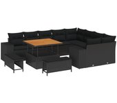 Conjunto de sofá de jardín de 12 piezas con cojines negro poliratán acacia, conjunto de comedor de jardín de 3 piezas con cojines negro poliratán acac