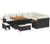Conjunto de sofás de jardín de 12 piezas con cojines ratán poliéster negro acacia, conjunto de comedor de jardín de 3 piezas con cojines ratán poliést