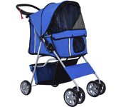 Cochecito para perro y gato pawhut acero, tela oxford azul 75x45x97 cm