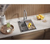 Primagran fregadero cocina gris 43x50cm, fregadero granito 1 seno + sifón + enrollable escurridor, fregadero sobre encimera al mueble 45cm - oslo