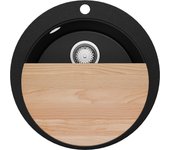 Primagran fregadero cocina circular negro 53x53cm, fregadero granito 1 seno + sifón + accesorios, fregadero sobre encimera al mueble 50cm - pisa max
