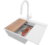 Primagran fregadero granito blanco 62x50cm, fregadero cocina 1 seno + sifón + accesorios, fregadero sobre encimera al mueble 45cm - sydney