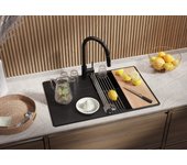 Primagran fregadero cocina negro 78x50cm, fregadero granito 1 seno + sifón + tabla de cortar, fregadero sobre encimera al mueble 50cm - copenhague