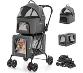 Coche de paseo de 2 niveles para mascotas, coche 3 en 1 plegable con 2 compartimentos desmontables, ruedas con frenos, cojines desmontables, (gris)
