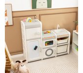 Organizador de juguetes versátil para niños, unidad de almacenaje con 4 armarios, 2 papeleras, pizarra magnética, fregadero y grifo extraíbles