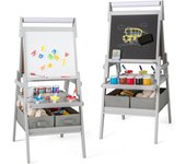 Pizarra infantil 3 en 1 de doble cara, caballete infantil con pizarra y rollo de papel, caballete de madera para pintar, para niños de 3 a 6 años (gri