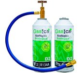 Pack ahorro (2x226gr) botellas gas refrigerante gasica d2 sustituto de r12, r134a más manguera con llave recarga gas