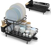 Escurreplatos con escurridor, con bandeja de goteo, caño giratorio 360° y soporte para cubiertos, escurreplatos de metal para cocina, negro