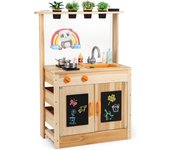 Cocina de barro para niños, cocina de juego de madera de abeto con macetas, hornillas, fregadero removible, panel acrílico, pizarras y accesorios,