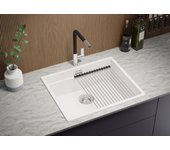 Primagran fregadero cocina blanco 56x47cm, fregadero granito 1 seno + sifón + accesorios, fregadero sobre encimera al mueble 60cm - prague slim