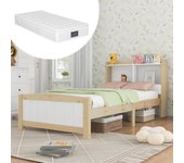 Cama individual de madera maciza con cabecero con canapé, estructura de cama de 90 x 200 cm con somier, cama de madera con cabecero