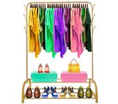 Perchero burro premium rack 2 stand nyana home 158x110x39cm, 1 barra para colgar, 8 ganchos laterales, 2 baldas inferiores dorado.