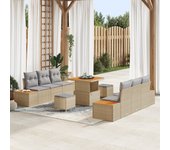 Conjunto de sofá de jardín de 9 piezas con cojines beige ratán poliéster, conjunto de comedor de jardín de 3 piezas con cojines beige ratán poliéster