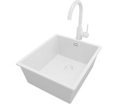 Primagran fregadero bajo encimera todo blanco 41x47cm, fregadero granito 1 seno + grifo 32x20cm + sifón, fregadero cocina al mueble 45cm - london