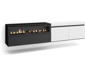 Mueble tv, televisión, 200x35x45cm, para tv hasta 80, chimenea eléctrica, colgado, suspendido, blanco y negro