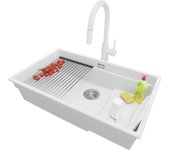 Primagran fregadero bajo encimera blanco 76x47cm, fregadero granito 1 seno + sifón + accesorios, fregadero cocina al mueble 80cm - prague