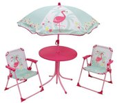 Fun house 713088 flamant rose muebles de jardín con mesa, 2 sillas plegables y sombrilla para niños.