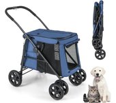 Cochecito plegable para perros y gatos de hasta 40kg, con cojín suave, ventana de malla y 2 entradas, ruedas universales y asa, azul