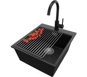 Primagran fregadero granito negro metallic 43x50cm, fregadero cocina 1 seno + sifón + accesorios, fregadero sobre encimera al mueble 45cm - oslo