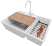 Primagran fregadero granito todo blanco 78x53cm, fregadero cocina 2 senos + sifón + accesorios, fregadero sobre encimera al mueble 80cm - paris